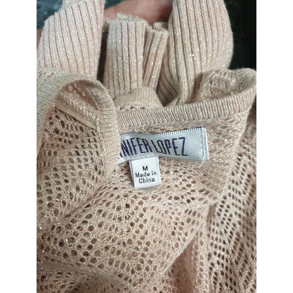 Women's V-Neck Sweater M Open Knit Pink Glitter Draped Short Sleeve Top - Picture 9 of 9